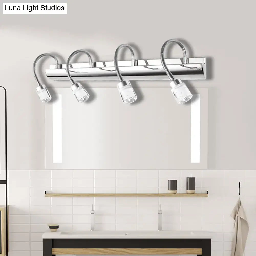 Modern chrome crystal cylinder vanity wall sconce with four clear crystal cylinder glass shades and flexible gooseneck arms