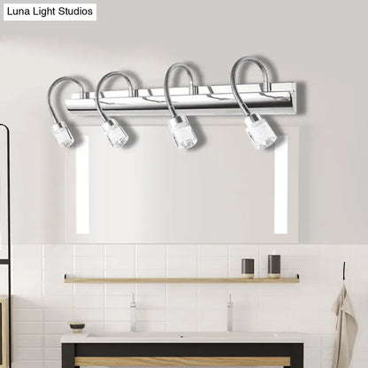 Modern chrome crystal cylinder vanity wall sconce with four clear crystal cylinder glass shades and flexible gooseneck arms