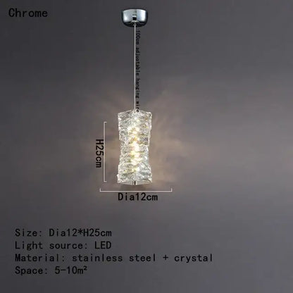 A modern chrome pendant lamp with textured crystal body and adjustable wire for decorbites crystal dining table use