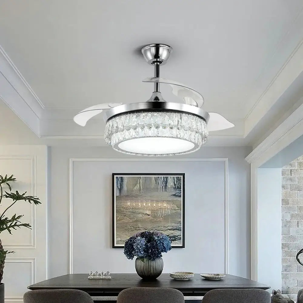 Modern chrome decorbites crystal fan chandelier with silver crystal-encrusted led light and white retractable blades