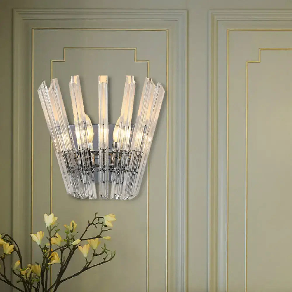 Clear crystal glass wall mount light with modern fan-like design and chrome metallic frame for corridor use
