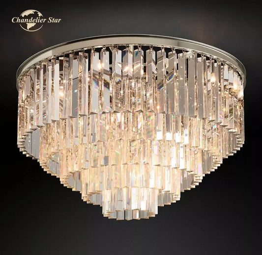 Modern chrome crystal flushmount chandelier with cascading clear prisms and sleek frame ceiling light by chandelier star