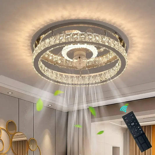Modern chrome crystal led ceiling fan with two concentric faceted rings and remote for adjustable bedroom lighting decorbites crystal led