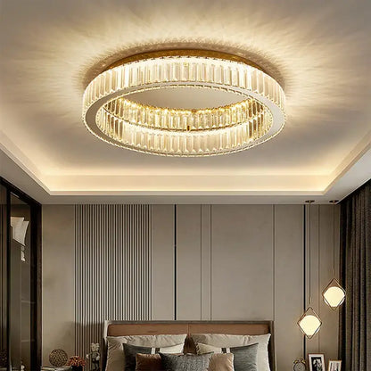 Modern chrome crystal led ceiling light with double ring design and gold-toned faceted decorbites crystal led elements