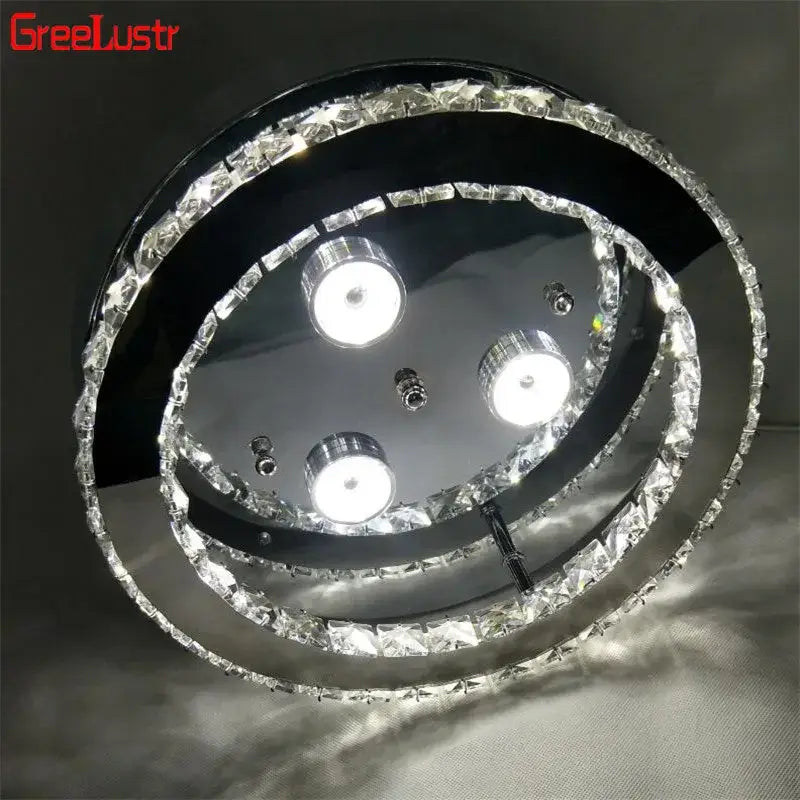 Greelustr modern chrome crystal led ceiling light with two crystal rings and three bright led bulbs in black frame for bedroom