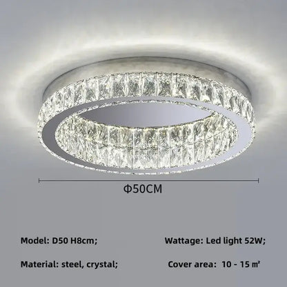 Modern chrome crystal led ceiling light with two concentric faceted crystal rings in a sleek silver steel frame