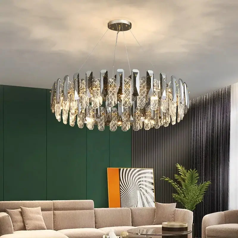 Modern chrome crystal led chandelier bedroom pendant light featuring a circular design with cascading crystals by decorbites crystal led