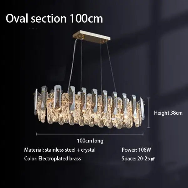 Elegant 100cm oval decorbites crystal led chandelier with electroplated brass frame and cascading crystal droplets