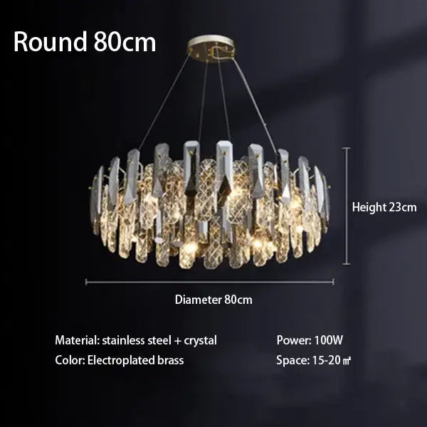 Modern chrome crystal led chandelier featuring an 80cm round electroplated brass frame with cascading decorbites crystal led elements