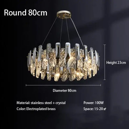 Elegant 80cm round decorbites crystal led chandelier with cascading crystals and electroplated brass finish for bedroom decor