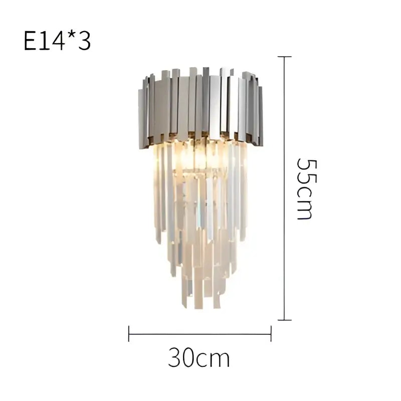 Modern chrome crystal led chandelier suspension lighting featuring cascading crystal prisms 55cm tall and 30cm wide