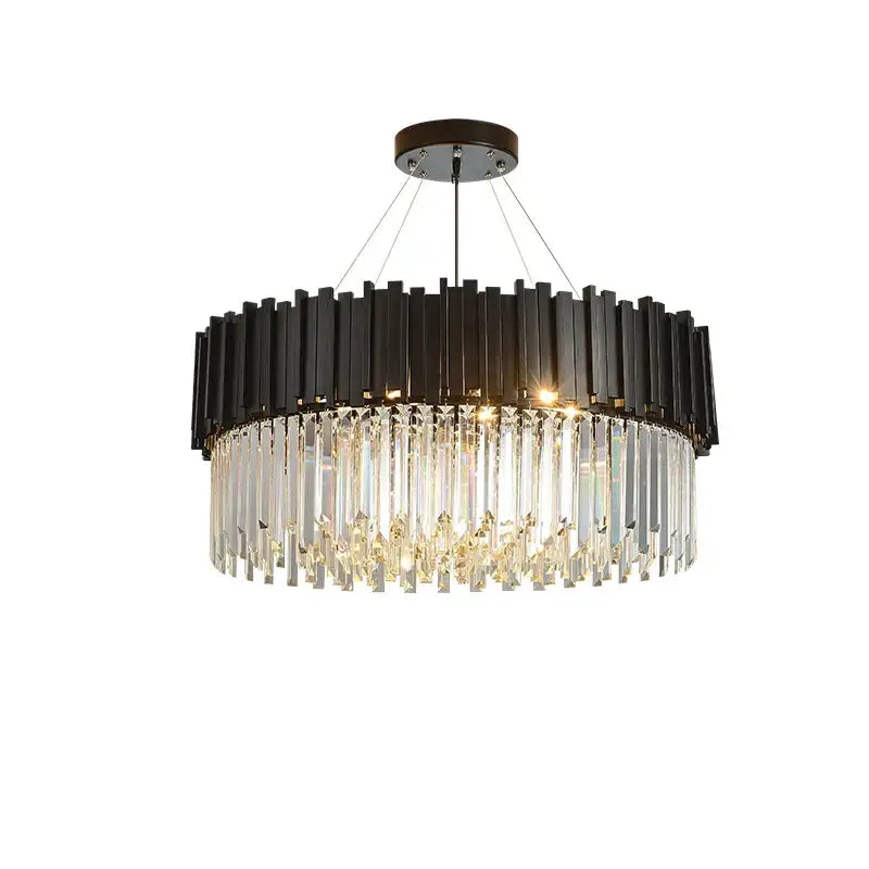 Modern chrome crystal led chandelier suspension lighting featuring black and clear crystal bars and hanging prisms decorbites crystal led