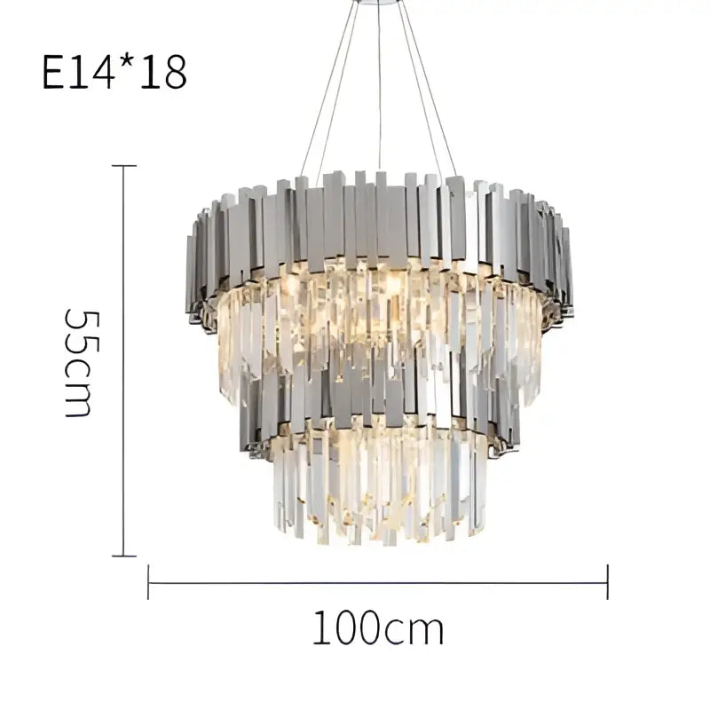Modern chrome crystal led chandelier suspension lighting with silver-toned multi-tiered design and cascading crystal droplets
