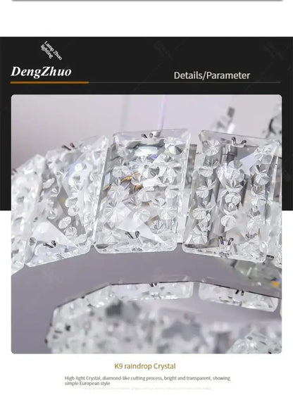 Modern chrome decorbites crystal led circle rings chandelier with clear faceted k9 raindrop crystal elements