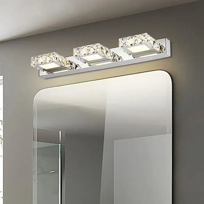 Modern chrome crystal led mirror light bathroom sconce with three crystal encrusted square fixtures by decorbites