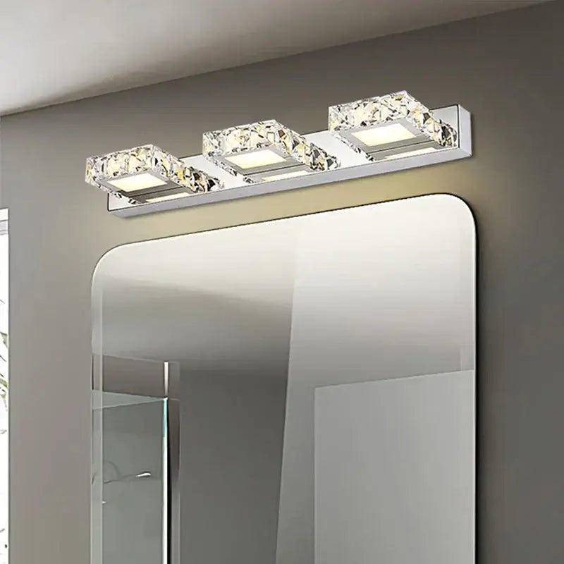 Modern chrome crystal led mirror light bathroom sconce with three crystal encrusted square fixtures by decorbites