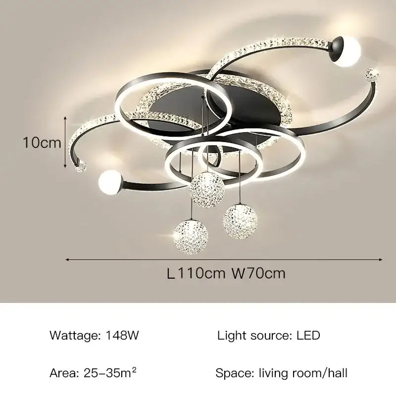 Modern black and crystal-encrusted led pendant chandelier with spherical ornaments for dining room starry effect lighting