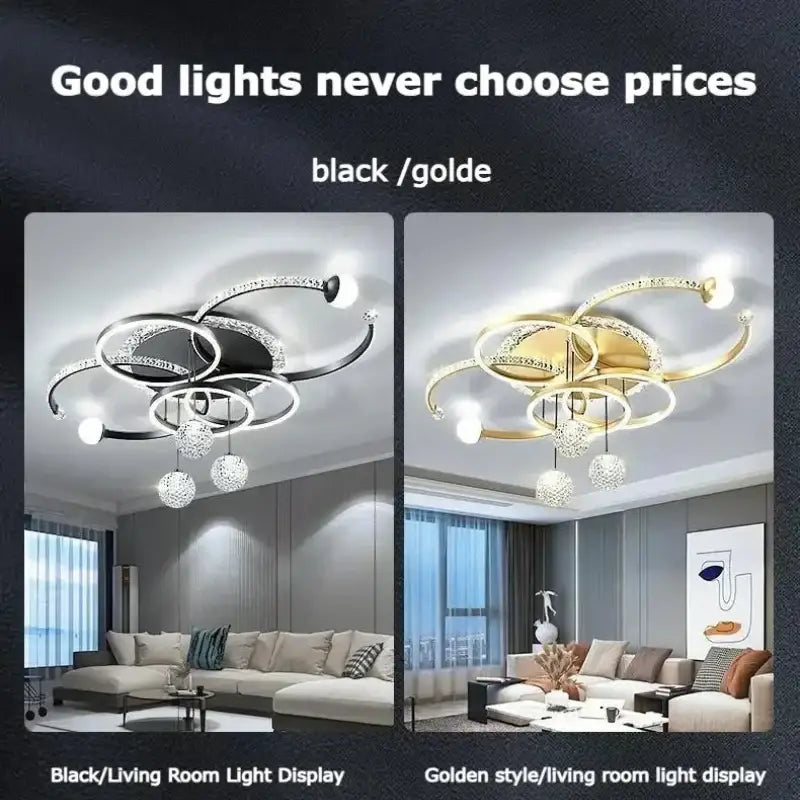 Modern chrome crystal led pendant chandelier with interlocking rings and dangling spheres in black or gold finish