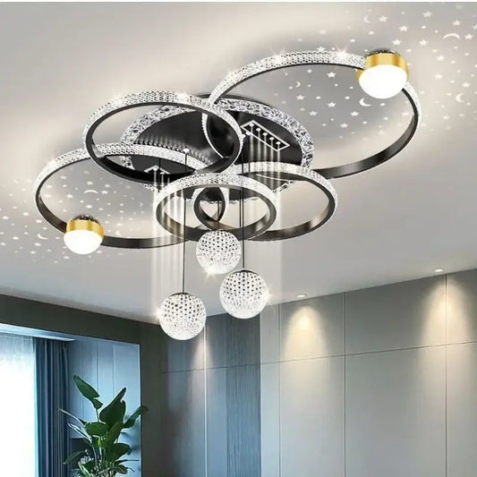 Modern chrome crystal led pendant chandelier with interlocking rings and starry night effect for dining room lighting