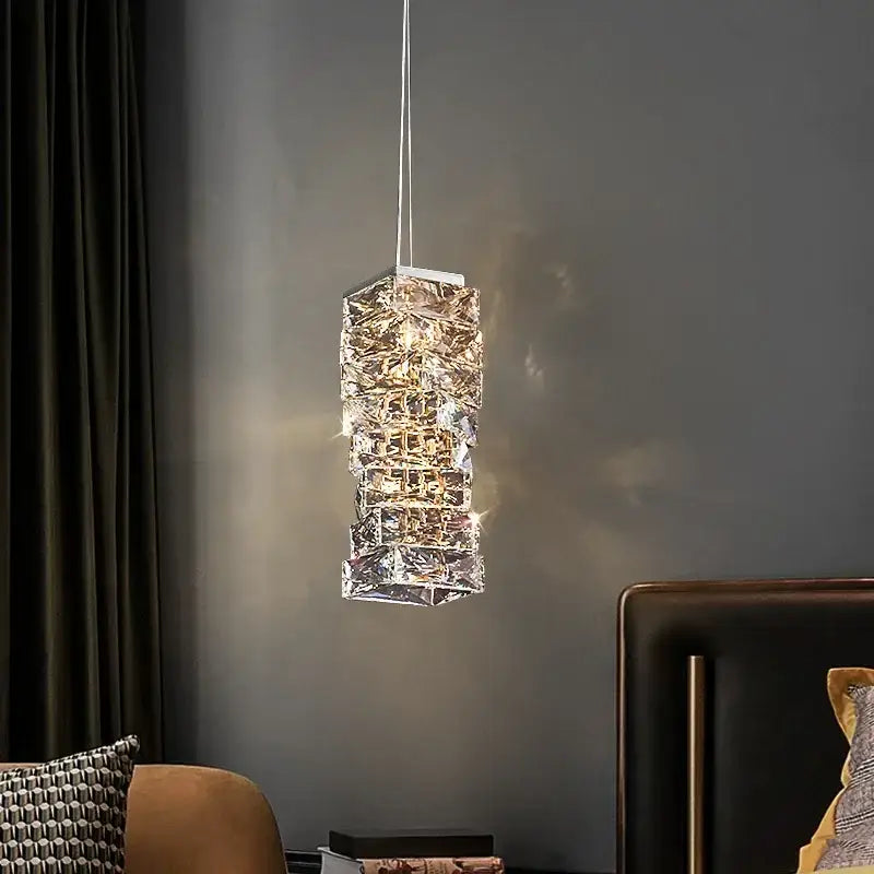 Modern chrome crystal led pendant with stacked geometric design and warm illumination for dining room decorbites crystal led