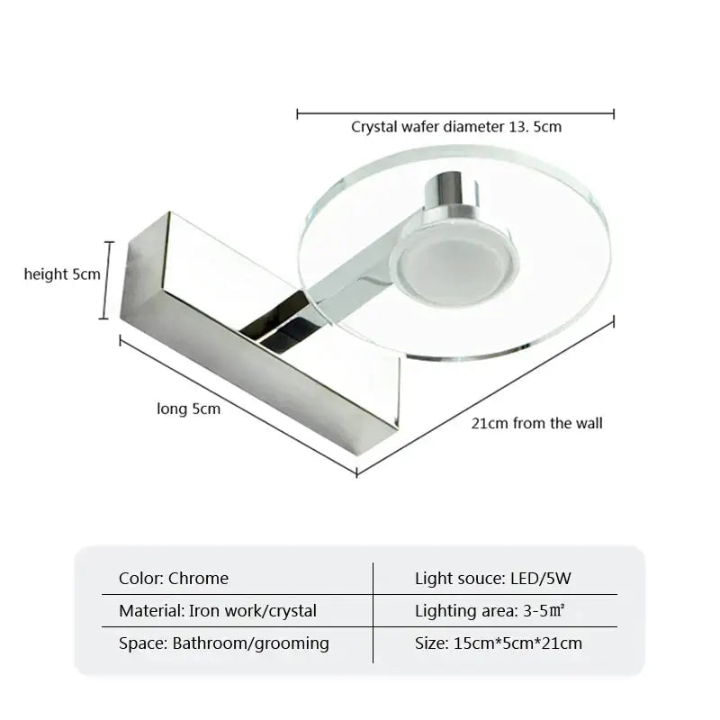 Modern chrome crystal led wall lamp with iron and acrylic mirror headlight featuring circular glass wafer decorbites design
