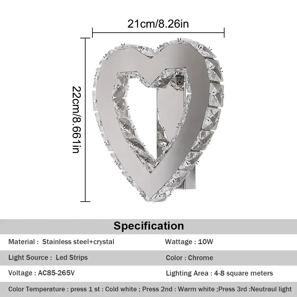 Modern chrome crystal led wall sconce with heart shape and sparkling crystal border for living room decorbites crystal led lighting