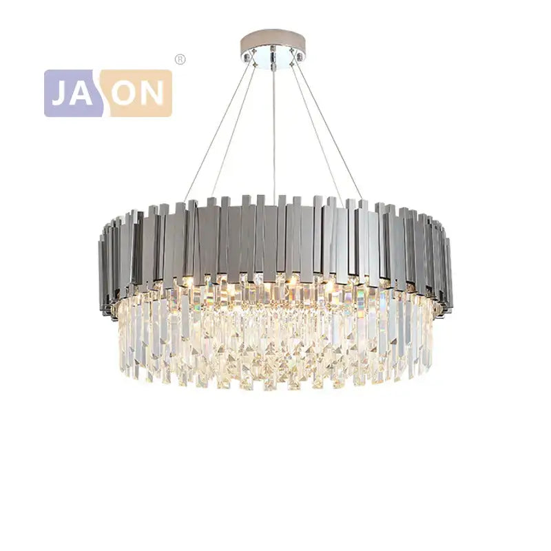 Modern chrome decorbites crystal oval led chandelier features a circular frame with metallic bars and crystal prisms