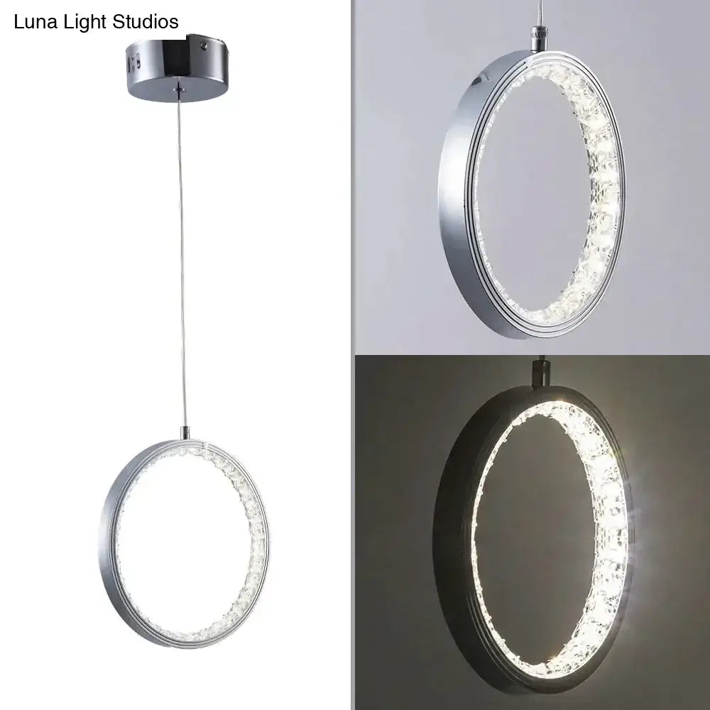 Modern decorbites™ crystal rings led pendant light fixture with sleek chrome finish and circular embedded leds for indoor use