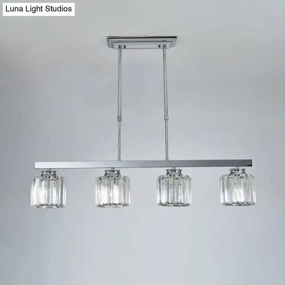 Chrome-finished rectangular pendant light with four clear faceted crystal rod glass shades for dining room e26 e27 bulbs