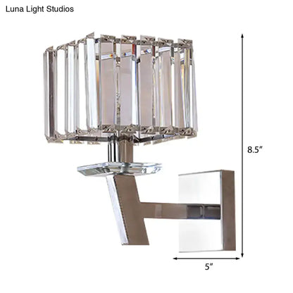 Modern chrome crystal wall light with vertical faceted glass panels and direct wired electric power source design