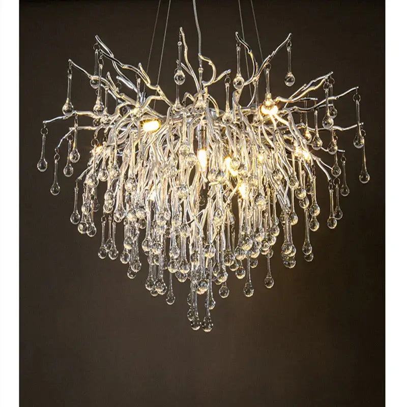 Modern chrome crystal water drop branch chandelier with delicate transparent glass arms for living room lighting