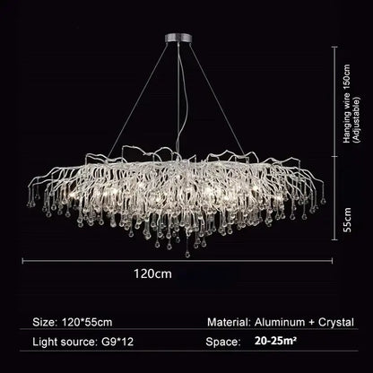 Modern chrome chandelier with crystal water drop design and clear droplets on aluminum frame for living room lighting