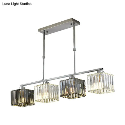 Modern chrome cube island ceiling light with four rectangular crystal glass shades for dining room ceiling light