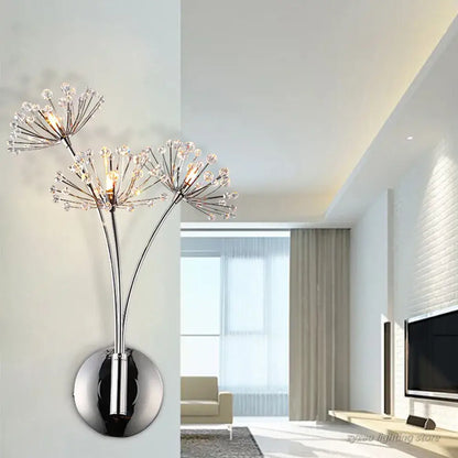 Modern chrome dandelion crystal flower wall lamp with three sparkling crystal arms for elegant bedroom decorbites sconce
