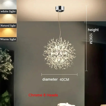 Modern chrome dandelion pendant light with polished chrome finish and clear acrylic beads for bedroom lighting