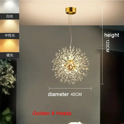 Modern chrome pendant light with a golden starburst design featuring clear acrylic beads and polished chrome accents for bedroom