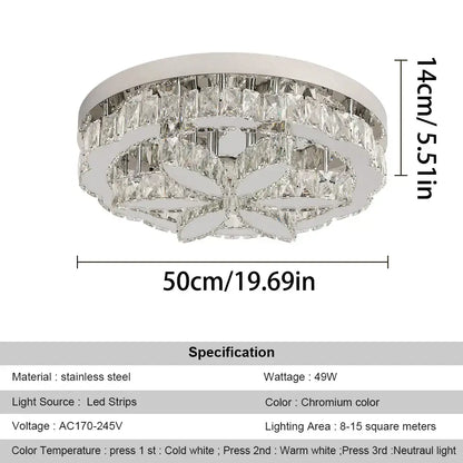 A modern chrome decorbites crystal ceiling chandelier with circular tiers of clear crystal accents for living room light