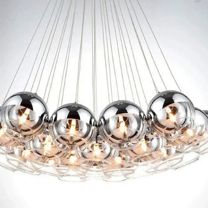 Modern chrome decorbites crystal glass ball pendant light with spherical bulbs suspended by metallic wires for living room