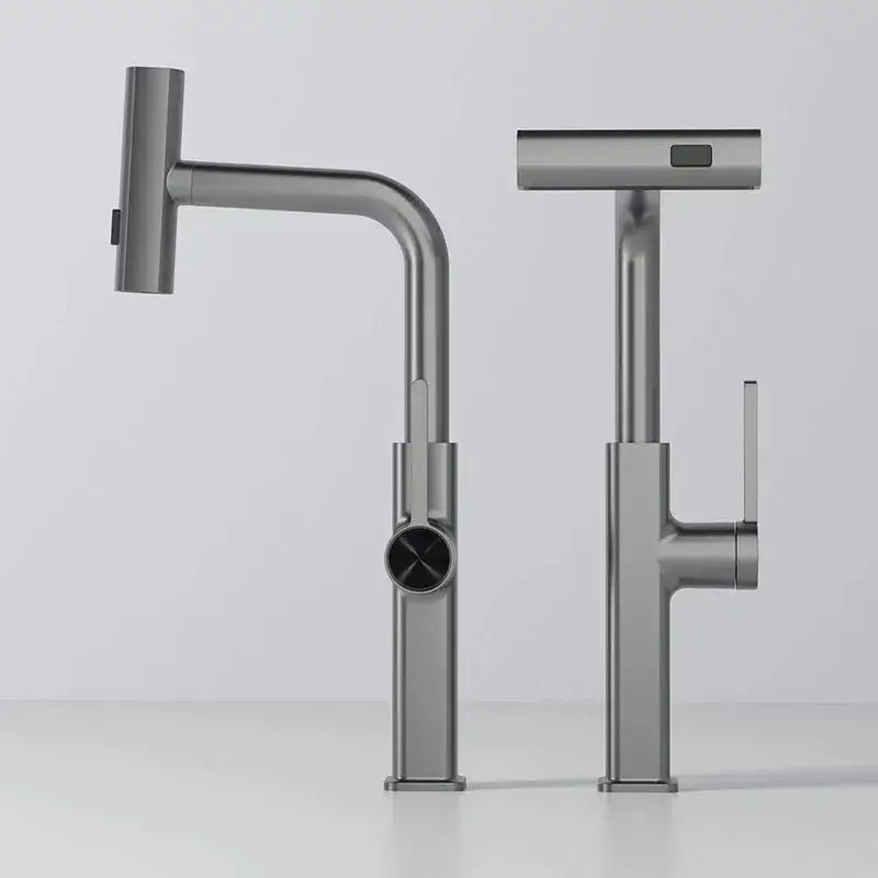 Modern chrome digital display kitchen faucet with pull out sprayer and matte gray minimalist pull-down spray head decorbites digital display