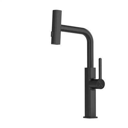 Modern black matte kitchen faucet with pull-down spray head featuring decorbites digital display technology