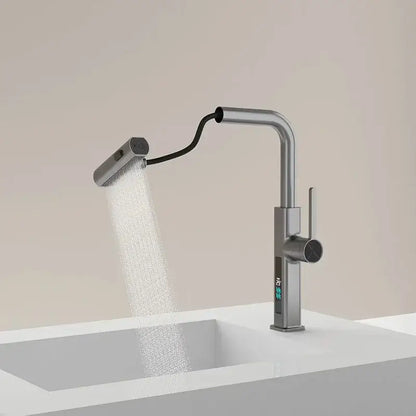 Modern chrome digital display kitchen faucet with sleek curved spout and flexible pull out sprayer by decorbites digital display