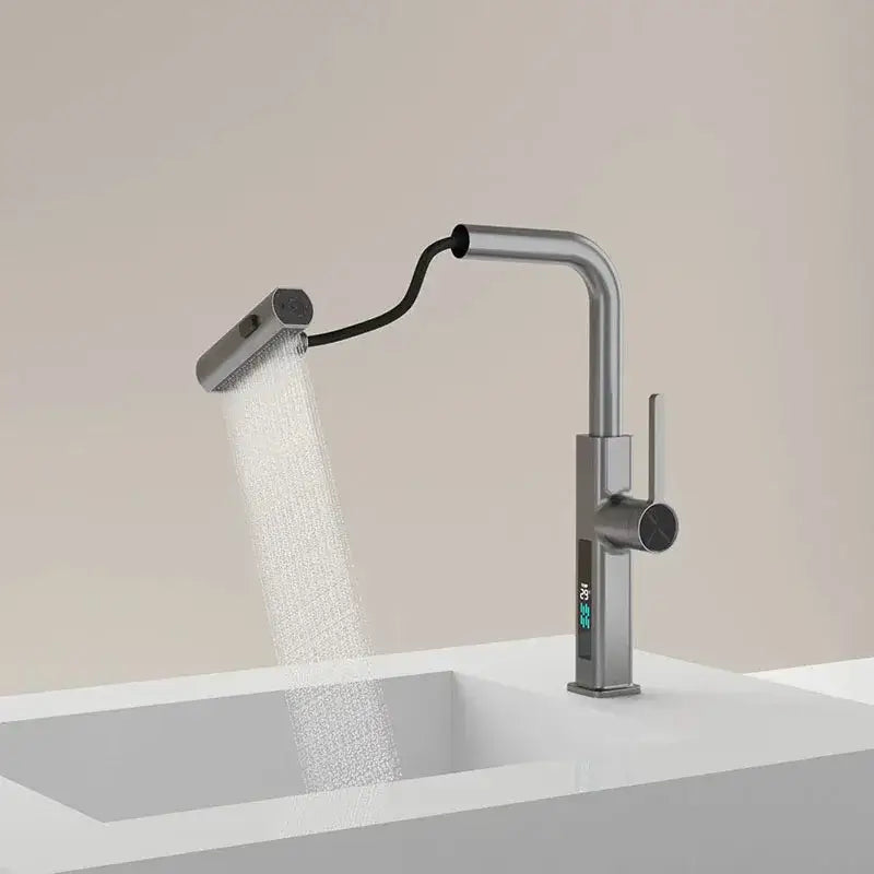 Modern chrome digital display kitchen faucet with sleek curved spout and flexible pull out sprayer by decorbites digital display