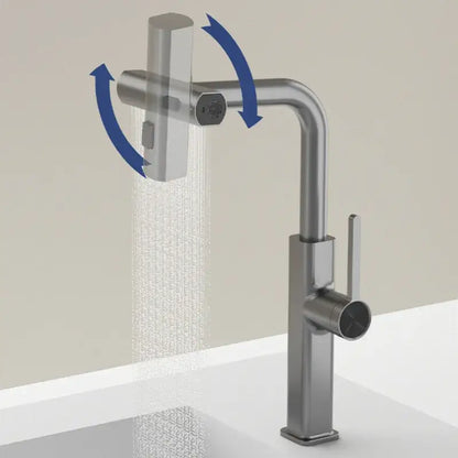 Modern chrome digital display kitchen faucet with brushed stainless steel, sleek angular design, and rotating showerhead by decorbites digital