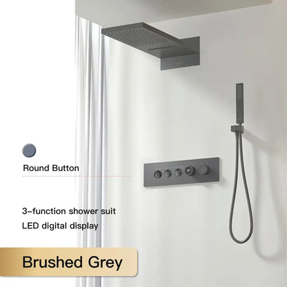 Brushed grey 3-function shower suit with led digital display and round buttons for modern chrome digital rainfall shower system