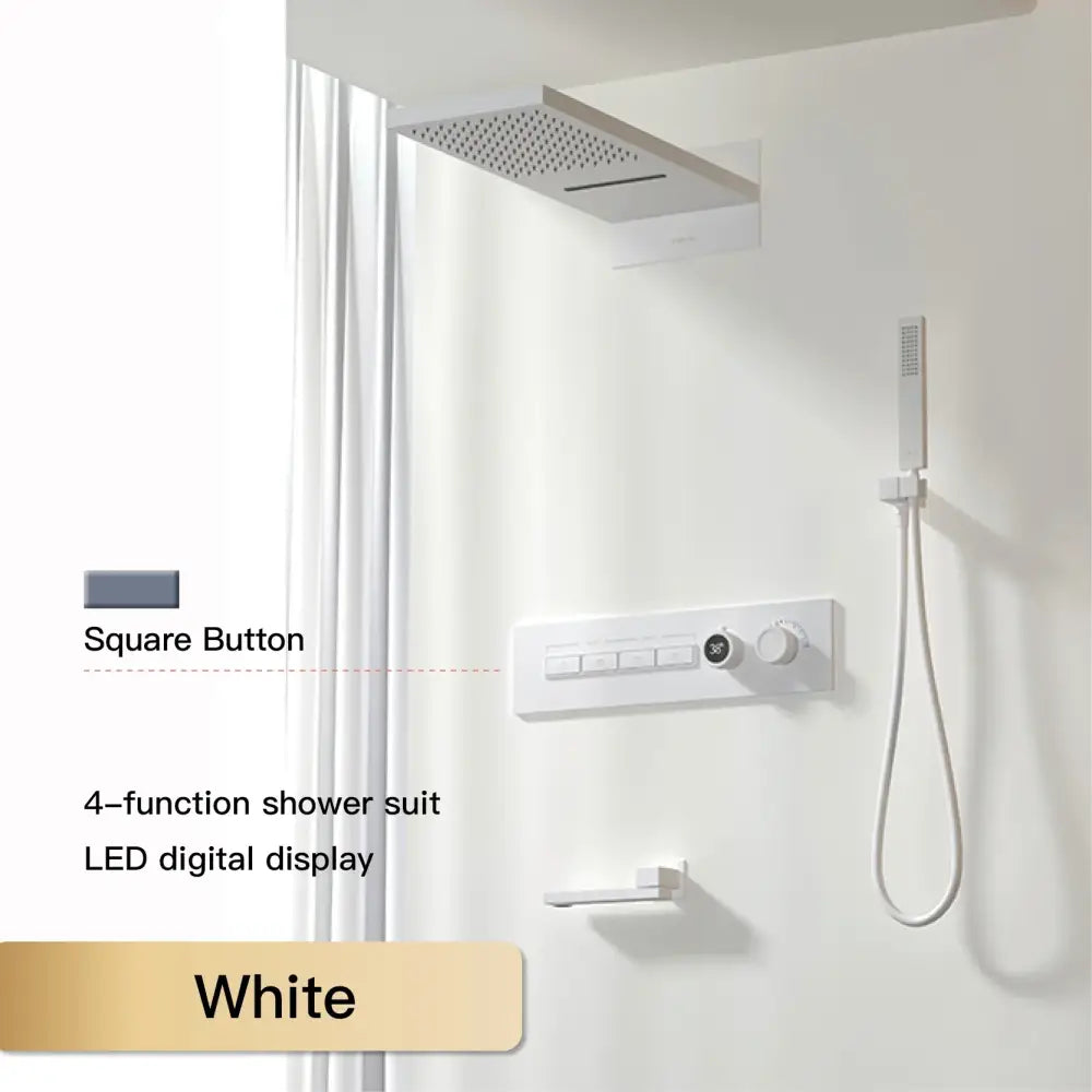 White square button with led digital display on modern chrome four function digital rainfall shower system bathroom panel
