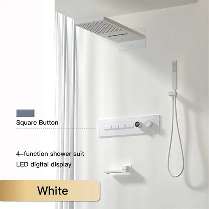 White square button with led digital display on modern chrome four function digital rainfall shower system bathroom panel