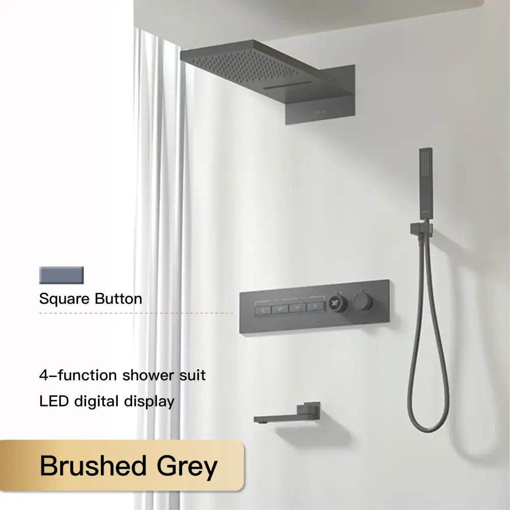 Brushed grey 4-function shower suit with led digital display and square button controls for modern chrome rainfall system