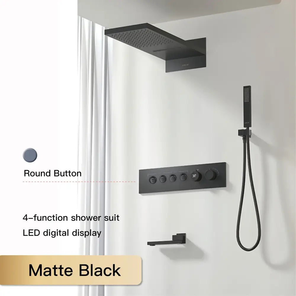 Matte black 4-function digital rainfall shower system with led display and round button controls for modern bathrooms