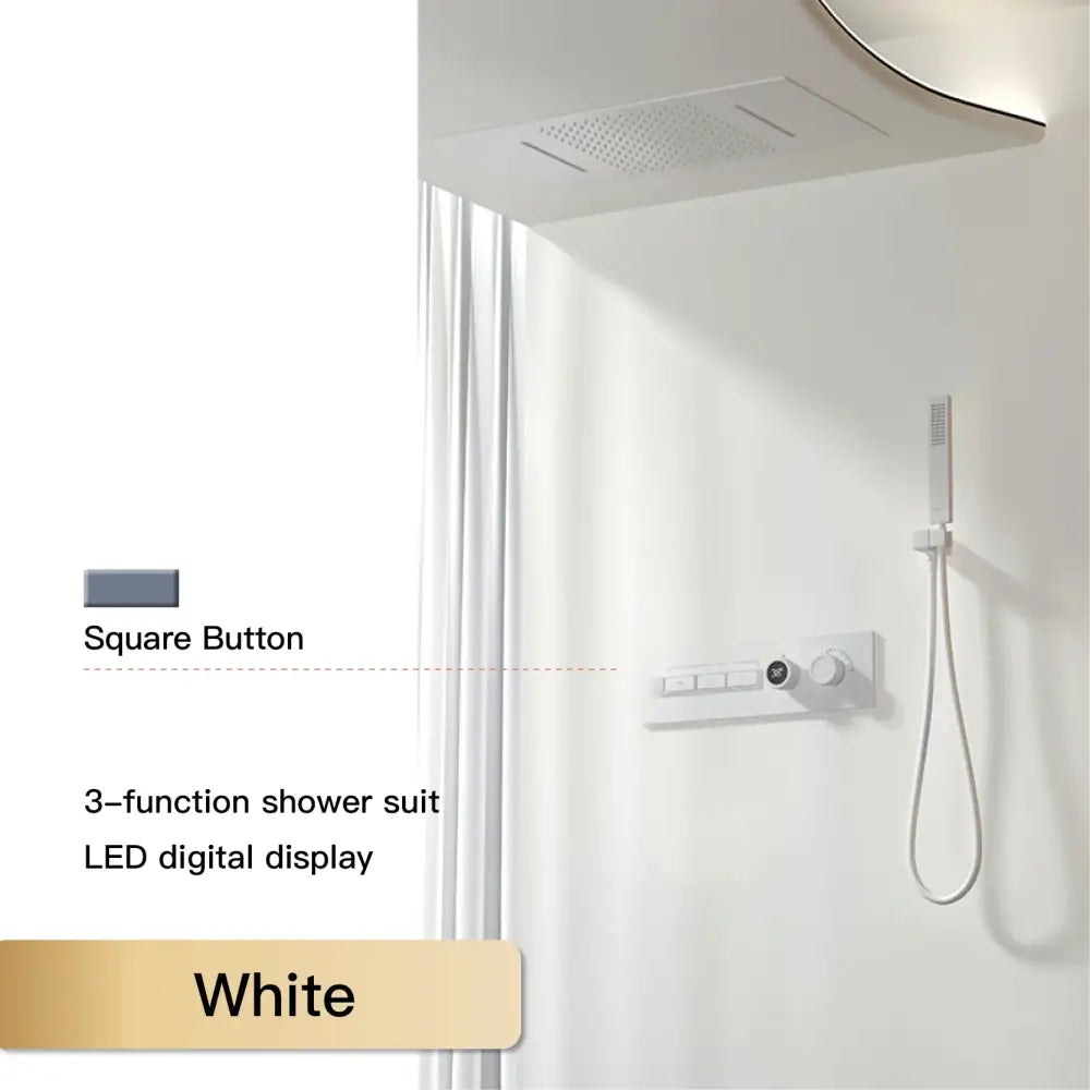 White square button with led digital display for modern chrome digital rainfall shower system 3-function control panel