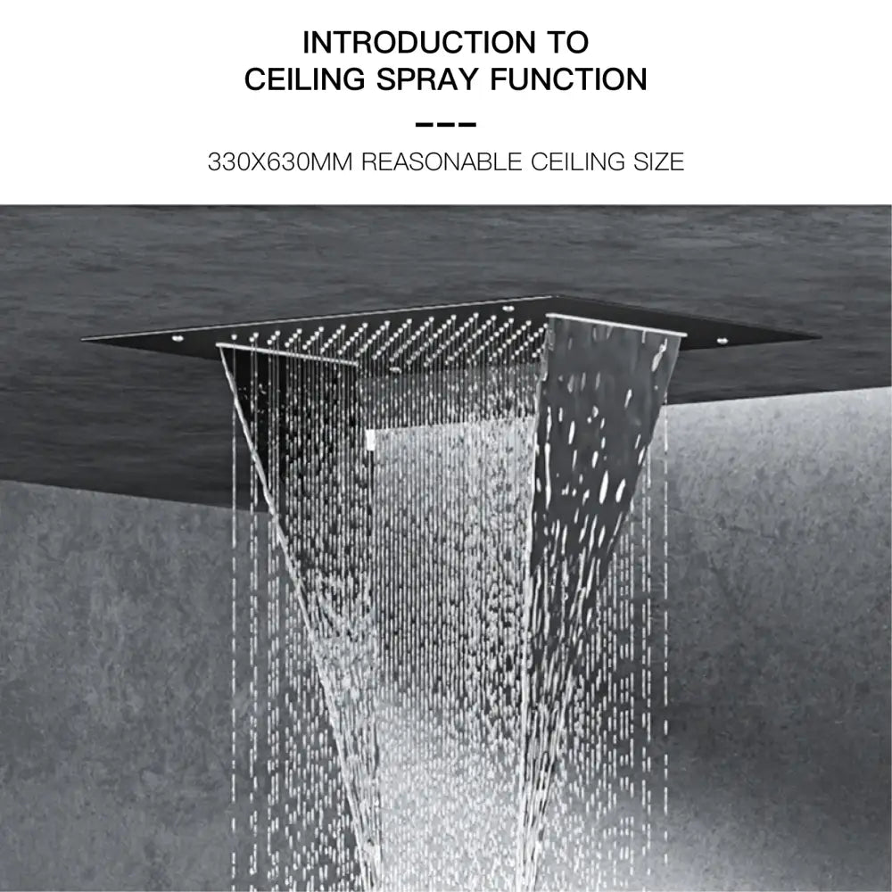 Black square chrome ceiling-mounted digital rainfall showerhead with led display and multiple water jets creating waterfall effect